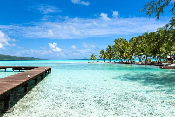 Träbrygga på tropisk strand i franska Polynesien — Stockfoto