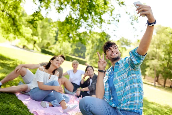 Amici che scattano selfie da smartphone al picnic — Foto Stock