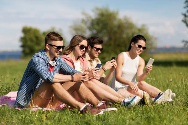 Amici sorridenti con smartphone seduti sull'erba — Foto Stock