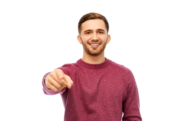 Mann zeigt mit dem Finger auf weißen Hintergrund — Stockfoto