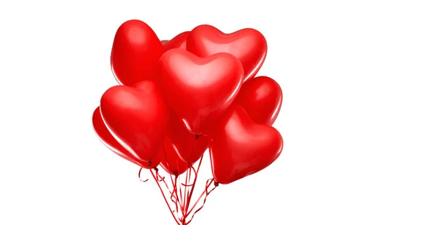 Röda hjärtformade heliumballonger på vit — Stockfoto