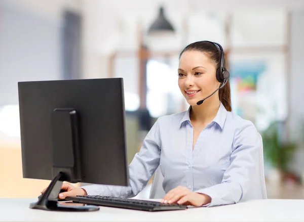 Business Technology Communication Concept Female Helpline Operator Headset Working Office — Stock Photo, Image