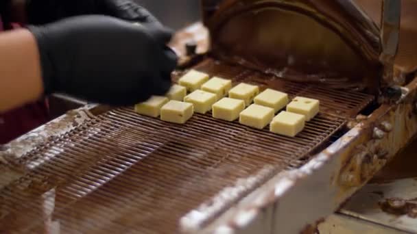 Banketbakker met chocolade coating machine — Stockvideo