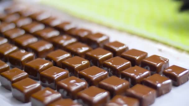 Confeiteiro cobrindo doces de chocolate por casaco — Vídeo de Stock