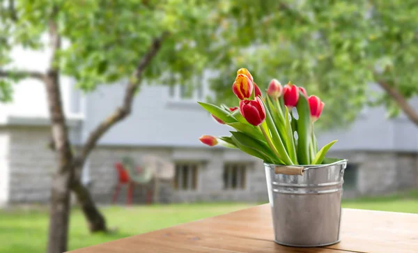 Flores de tulipa vermelha na mesa sobre jardim de verão — Fotografia de Stock