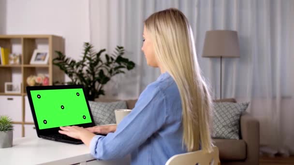技术和人的概念 妇女在笔记本电脑上打字与色度键绿色屏幕在家里晚上 — 图库视频影像