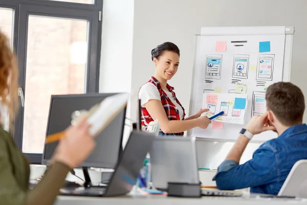 Kreative Frau zeigt Benutzeroberfläche im Büro — Stockfoto