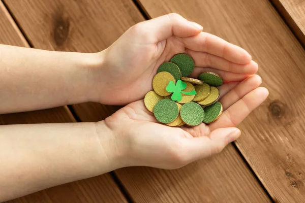 Fortune Luck Patricks Day Concept Hands Holding Golden Coins Shamrock — Stock Photo, Image