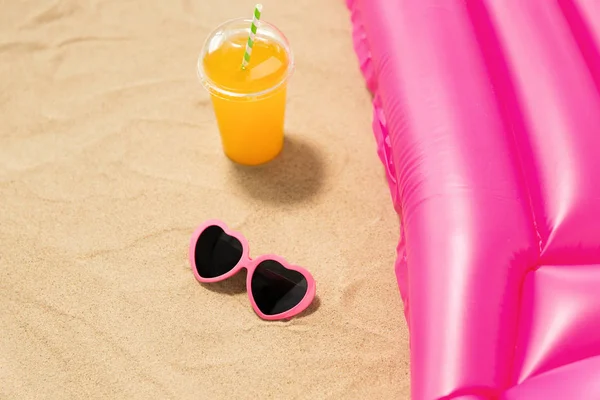 Vacation Summer Holidays Concept Pink Sunglasses Orange Juice Swimming Mattress — Stock Photo, Image