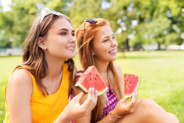 公園でのピクニックでスイカを食べた 10 代の少女 — ストック写真