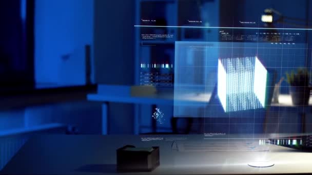 Virtuální obrazovka s 3d projekcí v noci kancelář — Stock video