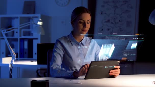 Businesswoman with tablet pc and virtual screen — Stock Video