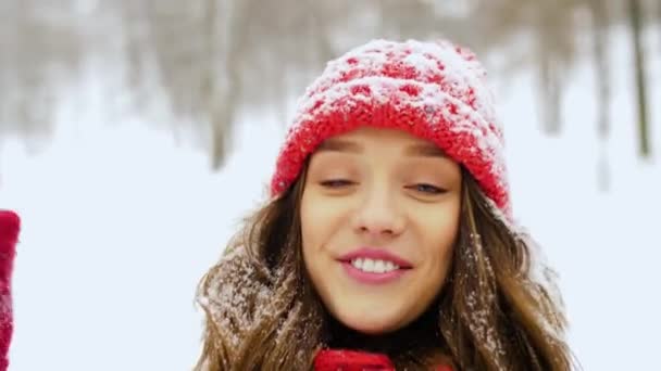 Sändningar Och Människor Koncept Ung Kvinna Videoblogga Vinter Skog Jul — Stockvideo