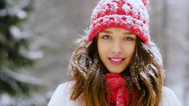 Retrato de jovem mulher feliz na floresta de inverno — Vídeo de Stock