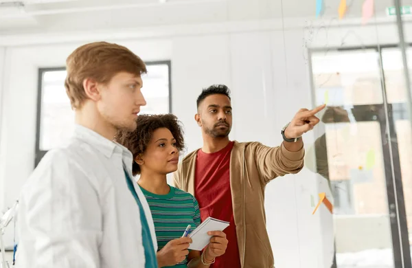 Equipo creativo mirando tablero de cristal de la oficina — Foto de Stock