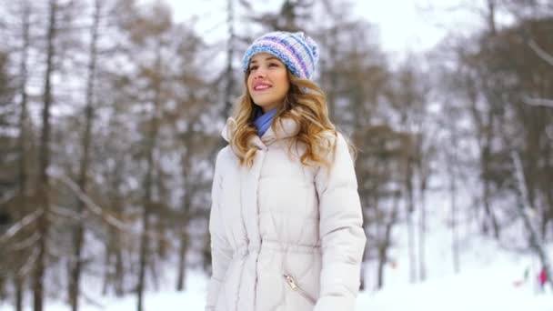 People Season Leisure Concept Happy Smiling Woman Walking Winter Forest — Stock Video