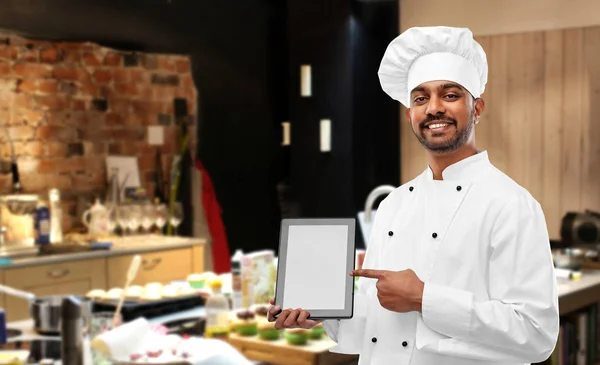 Cucina Tecnologia Concetto Persone Chef Indiano Felice Toque Con Tablet — Foto Stock