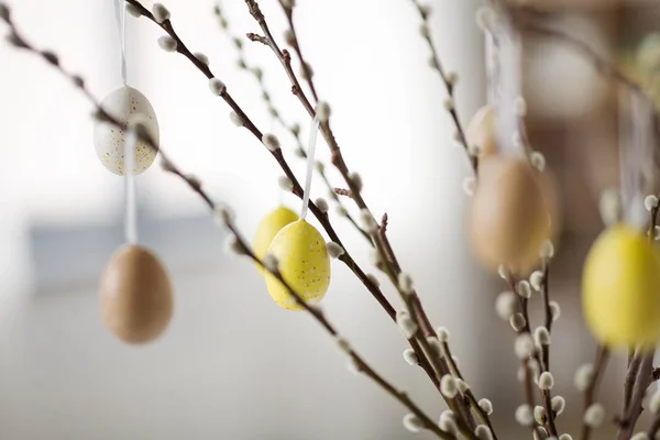 Primer plano de sauce coño decorado con huevos de Pascua — Foto de Stock