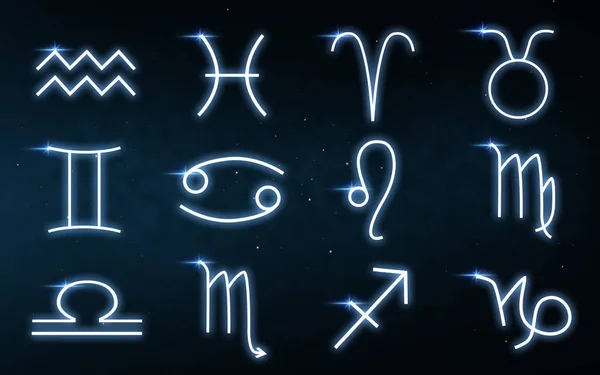 Conjunto de signos del zodiaco sobre el fondo del cielo nocturno — Foto de Stock