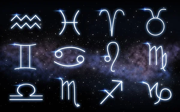 Ensemble de signes du zodiaque sur le ciel nocturne et la galaxie — Photo