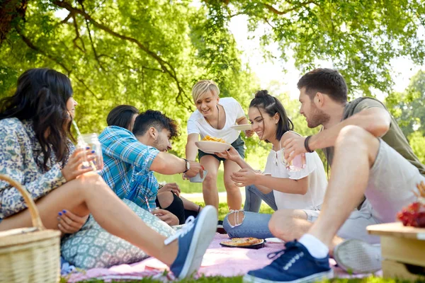 Přátelé s nápoji a jídlem na pikniku v parku — Stock fotografie