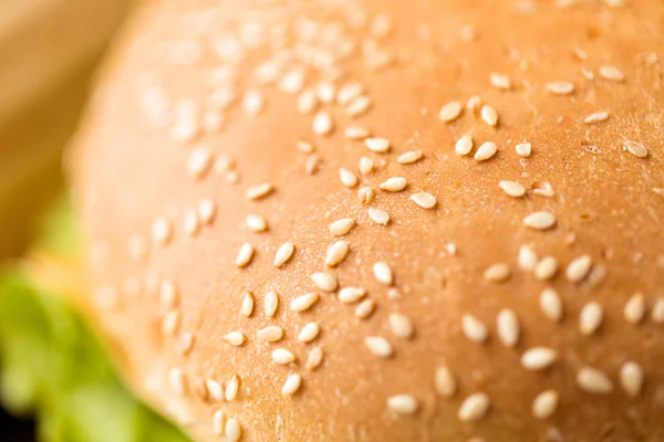 Primer plano de la corteza de pan de hamburguesa con semillas de sésamo — Foto de Stock