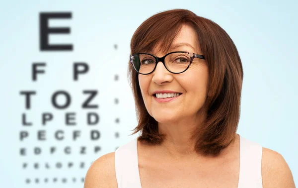 Mulher sênior feliz em óculos sobre gráfico de teste de olho — Fotografia de Stock