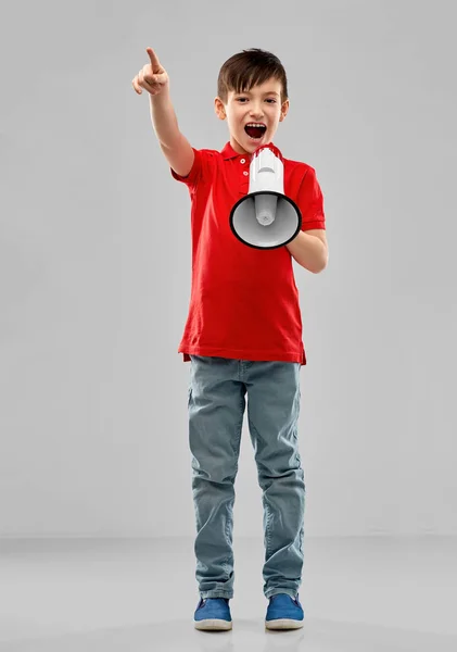 Little boy in red polo shouting to megaphone — Stock Photo, Image