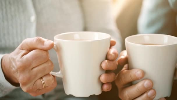 Pareja de ancianos manos con tazas de té — Vídeo de stock