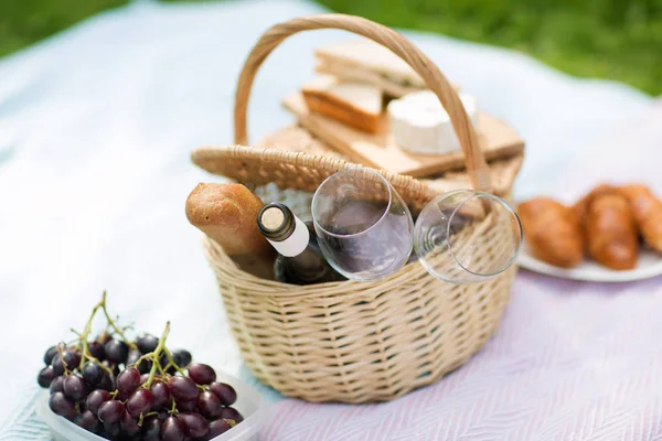 Piknikový koš, jídlo a víno v letním parku — Stock fotografie