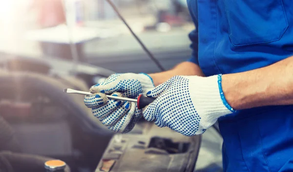 Mechanic man with wrench repairing car at workshop — Stock Photo, Image