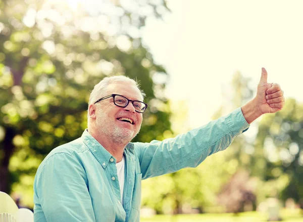 Счастливый пожилой человек показывает большие пальцы в летнем парке — стоковое фото