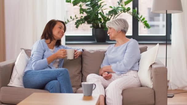 Senior mother and daughter with coffee talking — Stock Video