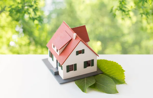 Primer plano de modelo de casa y hojas verdes —  Fotos de Stock