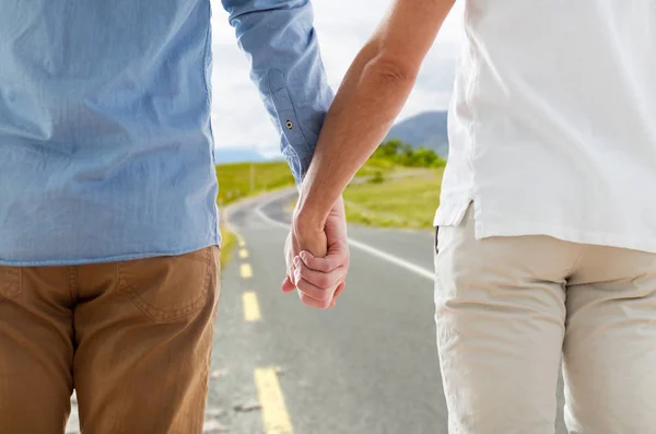 Рядом счастливая гей-пара, держащаяся за руки — стоковое фото