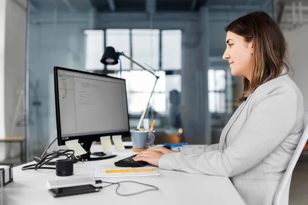 Femme d'affaires avec ordinateur travaillant au bureau — Photo