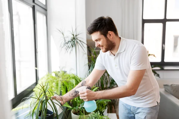 Hombre rociando plantas de interior con agua en casa —  Fotos de Stock