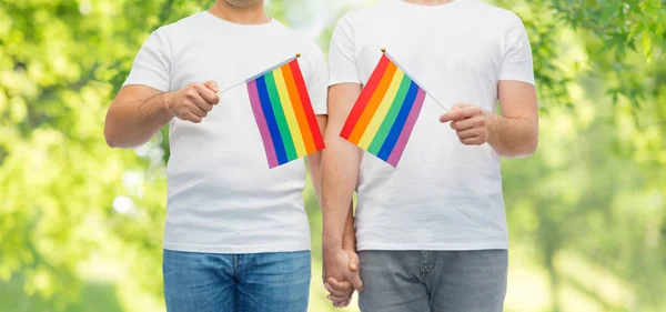 Masculino casal com gay orgulho bandeiras segurando mãos — Fotografia de Stock