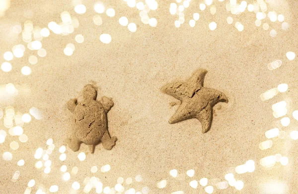 Kaplumbağa ve denizyıldızı yaz sahilde kum şekiller — Stok fotoğraf