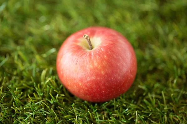 Κλείσιμο του ώριμου κόκκινου μήλου σε τεχνητό γρασίδι — Φωτογραφία Αρχείου