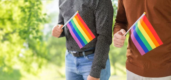 게이 프라이드 깃발을 들고 있는 남성 커플의 근접 사진 — 스톡 사진