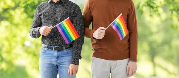 Close up de masculino casal com gay orgulho bandeiras — Fotografia de Stock