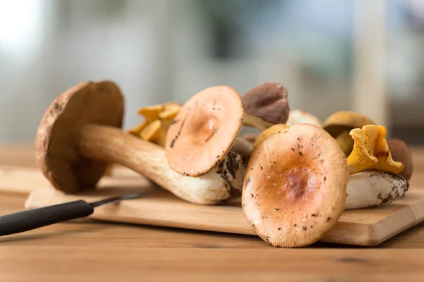 Cogumelos comestíveis em tábua de corte de madeira e faca — Fotografia de Stock