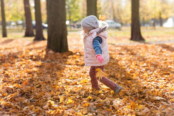 Chica feliz jugando con hojas en el parque de otoño —  Fotos de Stock