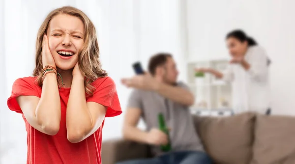 Stressed girl over her parents having fight — Stock Photo, Image