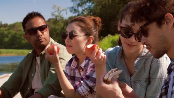 Amigos haciendo picnic en terraza de madera — Vídeos de Stock