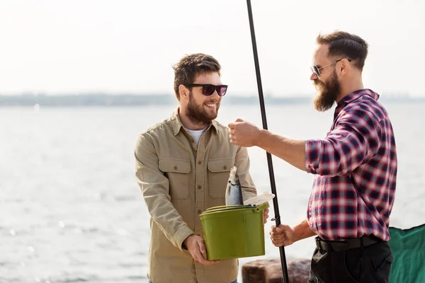 Amigos do sexo masculino com peixes e varas de pesca no cais — Fotografia de Stock