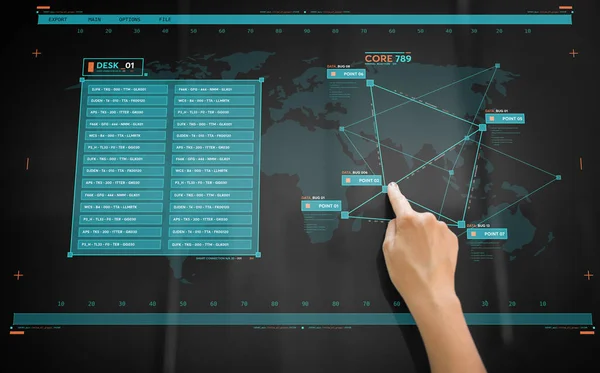 Mano usando panel interactivo con datos virtuales —  Fotos de Stock