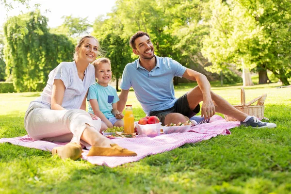 Glückliche Familie beim Picknick im Sommerpark — Stockfoto