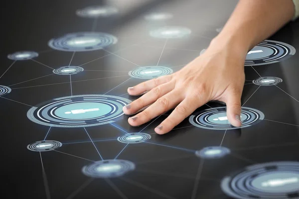 Hand using interactive panel with network icons — Stock Photo, Image